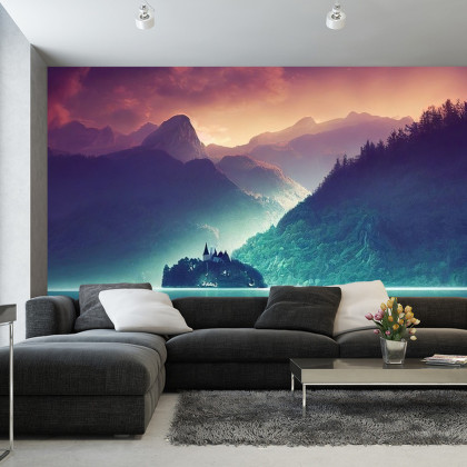 Fototapeta Fantasy Concept Showing A Lake Bled, Slovenia. Digital Art Style, Painting , Horizontal Side View, Skyline