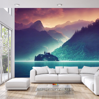 Fototapeta Fantasy Concept Showing A Lake Bled, Slovenia. Digital Art Style, Painting , Horizontal Side View, Skyline