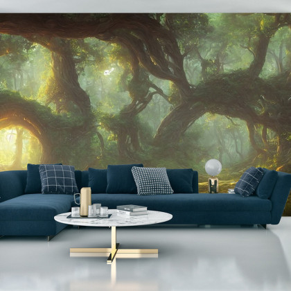Fototapeta Amazing Fantastic Curved Forest. Forest Landscape Of Trees In The Rays Of The Sun. 3D