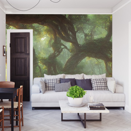 Fototapeta Amazing Fantastic Curved Forest. Forest Landscape Of Trees In The Rays Of The Sun. 3D