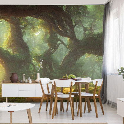 Fototapeta Amazing Fantastic Curved Forest. Forest Landscape Of Trees In The Rays Of The Sun. 3D
