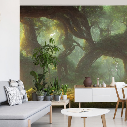 Fototapeta Amazing Fantastic Curved Forest. Forest Landscape Of Trees In The Rays Of The Sun. 3D