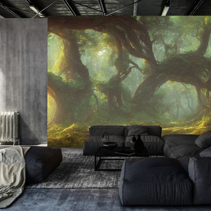 Fototapeta Amazing Fantastic Curved Forest. Forest Landscape Of Trees In The Rays Of The Sun. 3D