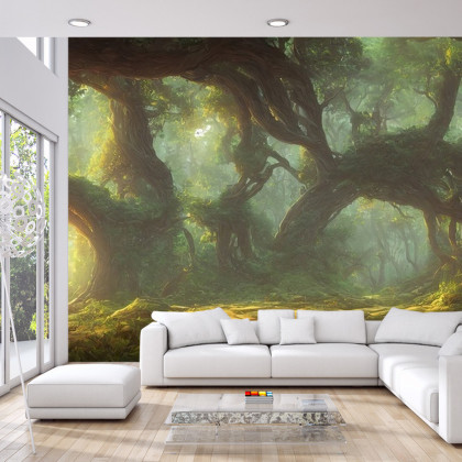 Fototapeta Amazing Fantastic Curved Forest. Forest Landscape Of Trees In The Rays Of The Sun. 3D