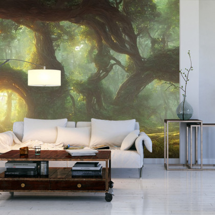 Fototapeta Amazing Fantastic Curved Forest. Forest Landscape Of Trees In The Rays Of The Sun. 3D