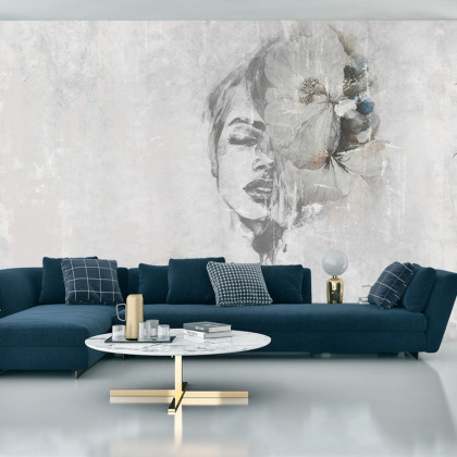 Fototapeta Spectacular Watercolor Woman Face With White Flower. Digital Art . Mural For Wallpaper.