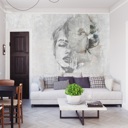 Fototapeta Spectacular Watercolor Woman Face With White Flower. Digital Art . Mural For Wallpaper.