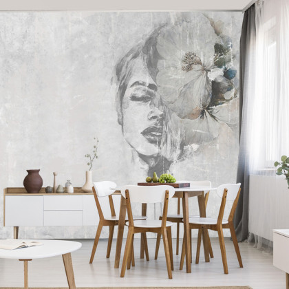 Fototapeta Spectacular Watercolor Woman Face With White Flower. Digital Art . Mural For Wallpaper.