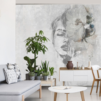 Fototapeta Spectacular Watercolor Woman Face With White Flower. Digital Art . Mural For Wallpaper.