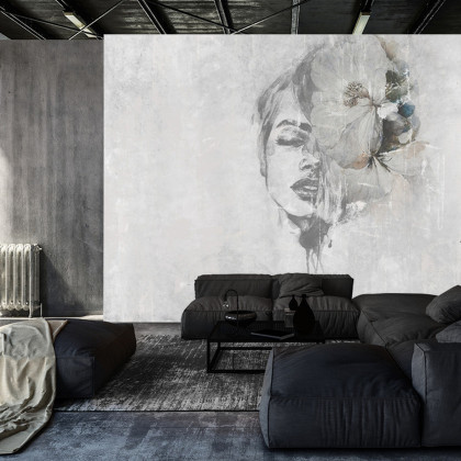 Fototapeta Spectacular Watercolor Woman Face With White Flower. Digital Art . Mural For Wallpaper.