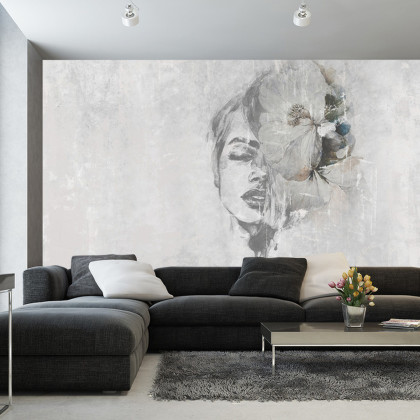 Fototapeta Spectacular Watercolor Woman Face With White Flower. Digital Art . Mural For Wallpaper.