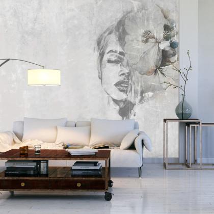 Fototapeta Spectacular Watercolor Woman Face With White Flower. Digital Art . Mural For Wallpaper.