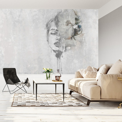 Fototapeta Spectacular Watercolor Woman Face With White Flower. Digital Art . Mural For Wallpaper.
