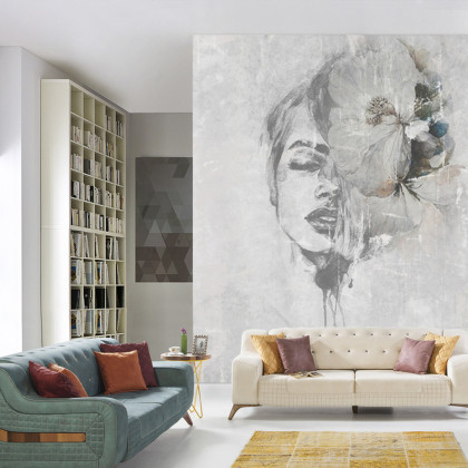Fototapeta Spectacular Watercolor Woman Face With White Flower. Digital Art . Mural For Wallpaper.