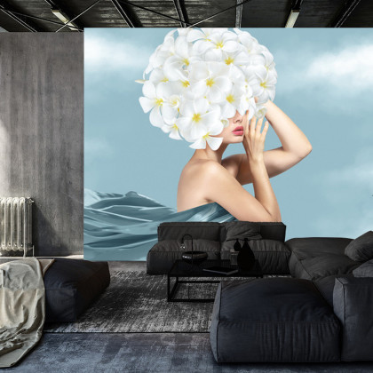 Fototapeta Portrait Of Young Beautiful Woman With Blue Silk