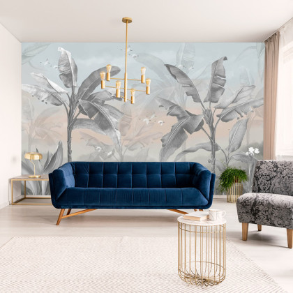Fototapeta Banana Tree Wallpaper Design With Pastel Tones, Tropical Landscape, Mural Art.