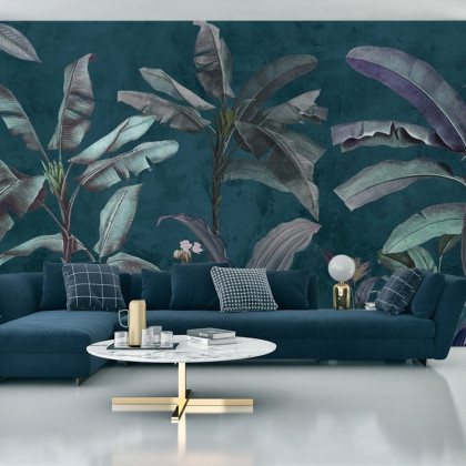 Fototapeta Tropical Trees Wallpaper Design, Banana Trees And Plants, Dark Background, Pattern Design, Mural Art.