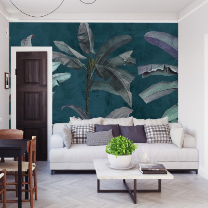 Fototapeta Tropical Trees Wallpaper Design, Banana Trees And Plants, Dark Background, Pattern Design, Mural Art.