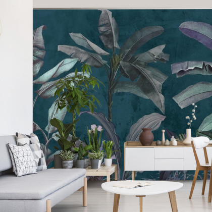 Fototapeta Tropical Trees Wallpaper Design, Banana Trees And Plants, Dark Background, Pattern Design, Mural Art.