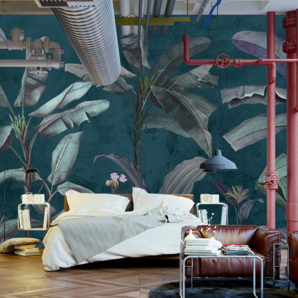 Fototapeta Tropical Trees Wallpaper Design, Banana Trees And Plants, Dark Background, Pattern Design, Mural Art.