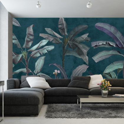 Fototapeta Tropical Trees Wallpaper Design, Banana Trees And Plants, Dark Background, Pattern Design, Mural Art.