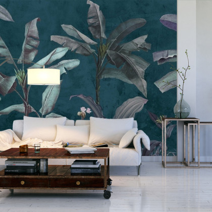 Fototapeta Tropical Trees Wallpaper Design, Banana Trees And Plants, Dark Background, Pattern Design, Mural Art.