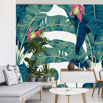 Fototapeta Botanical Seamless Pattern, Hand Drawn Banana Tree On Bright Grey
