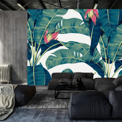 Fototapeta Botanical Seamless Pattern, Hand Drawn Banana Tree On Bright Grey