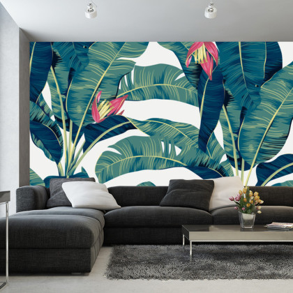 Fototapeta Botanical Seamless Pattern, Hand Drawn Banana Tree On Bright Grey