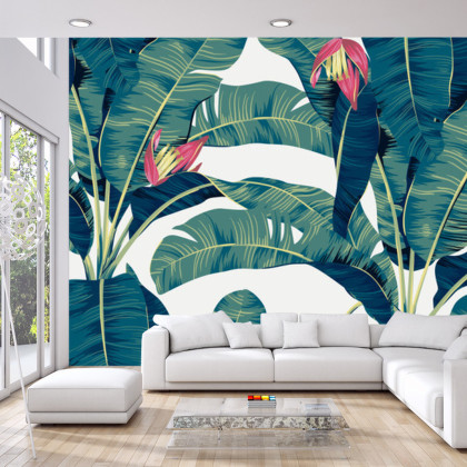 Fototapeta Botanical Seamless Pattern, Hand Drawn Banana Tree On Bright Grey