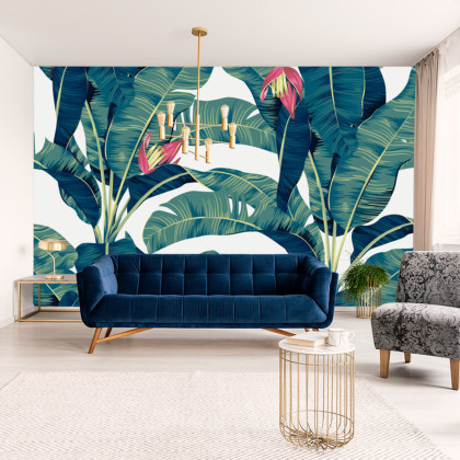Fototapeta Botanical Seamless Pattern, Hand Drawn Banana Tree On Bright Grey