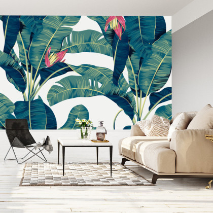 Fototapeta Botanical Seamless Pattern, Hand Drawn Banana Tree On Bright Grey