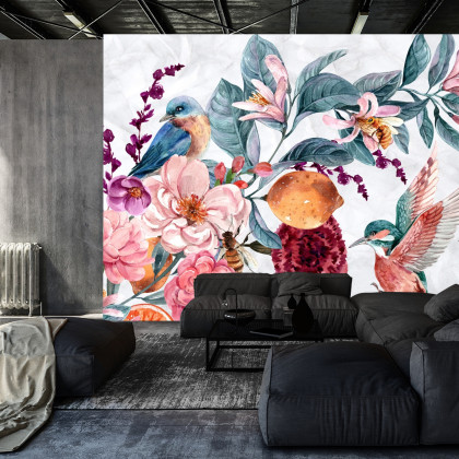 Fototapeta Akwarelowy Ptak Wśród Kolorowych Kwiatów