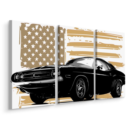 Obraz Wieloczęściowy Amerykański Muscle Car Na Tle Flagi Usa