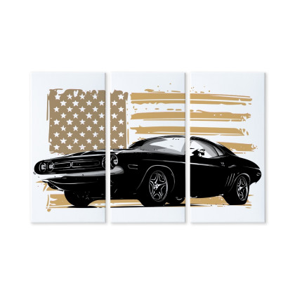 Obraz Wieloczęściowy Amerykański Muscle Car Na Tle Flagi Usa