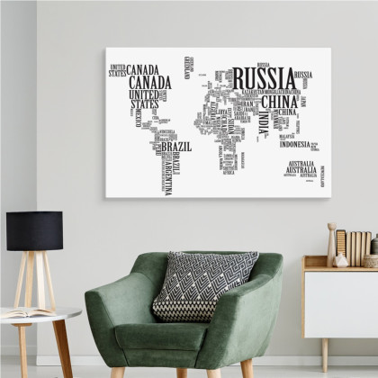 Obraz Na Płótnie Mapa Świata Z Czarnych Napisów