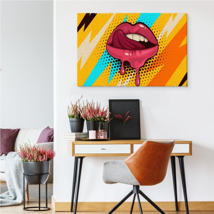 Obraz Na Płótnie Różowe Usta Na Kolorowym Tle W Stylu Retro Pop-Art