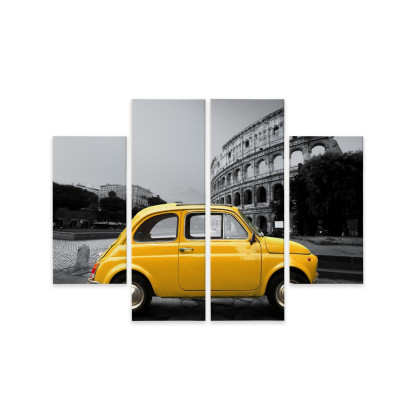 Obraz Wieloczęściowy Żółty Samochód Retro Na Tle Koloseum