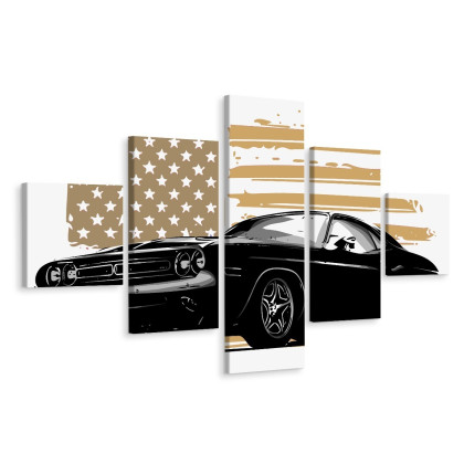 Obraz Wieloczęściowy Amerykański Muscle Car Z Flagą Usa W Tle