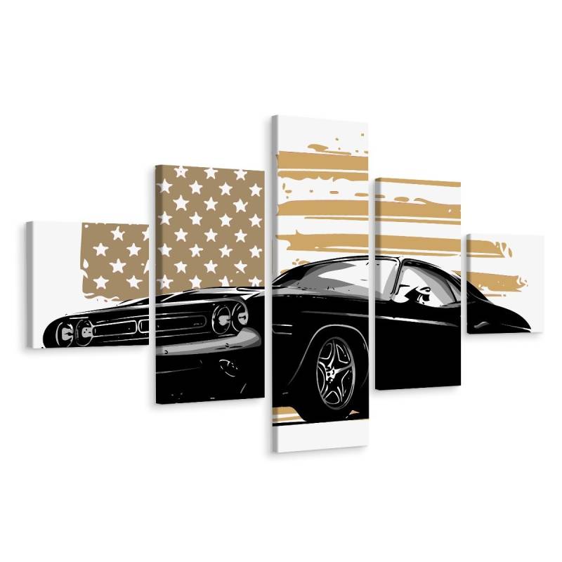 Obraz Wieloczęściowy Amerykański Muscle Car Z Flagą Usa W Tle