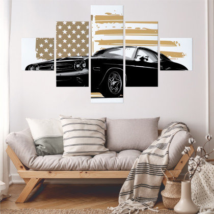 Obraz Wieloczęściowy Amerykański Muscle Car Z Flagą Usa W Tle