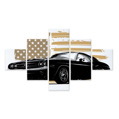 Obraz Wieloczęściowy Amerykański Muscle Car Z Flagą Usa W Tle