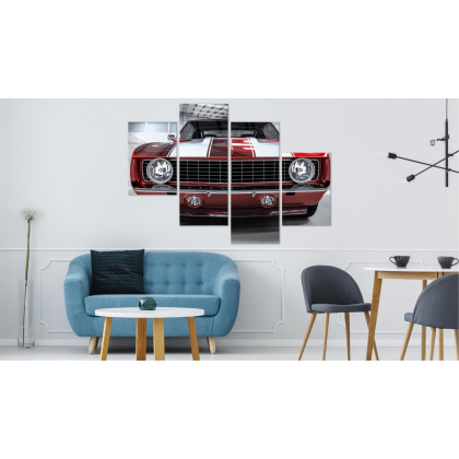 Obraz Wieloczęściowy Czerwony Muscle Car W Garażu