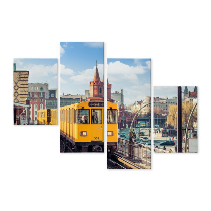 Obraz Wieloczęściowy Żółty Pociąg W Berlinie Na Torach Kolejowych