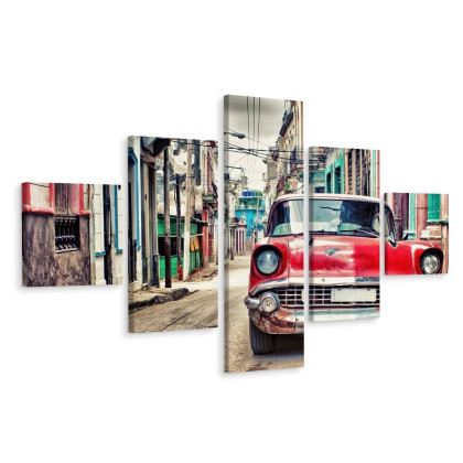 Obraz Wieloczęściowy Czerwony Samochód Chevroleta W Stylu Retro