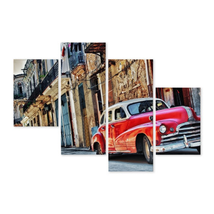 Obraz Wieloczęściowy Stary Amerykański Samochód I Budynki Hawany