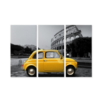 Obraz Wieloczęściowy Żółty Samochód Retro Na Tle Koloseum