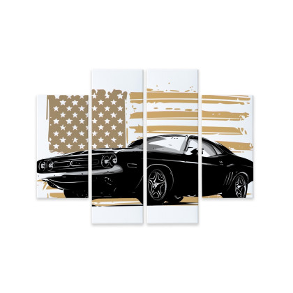 Obraz Wieloczęściowy Amerykański Muscle Car Z Flagą Usa W Tle