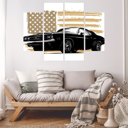 Obraz Wieloczęściowy Amerykański Muscle Car Z Flagą Usa W Tle