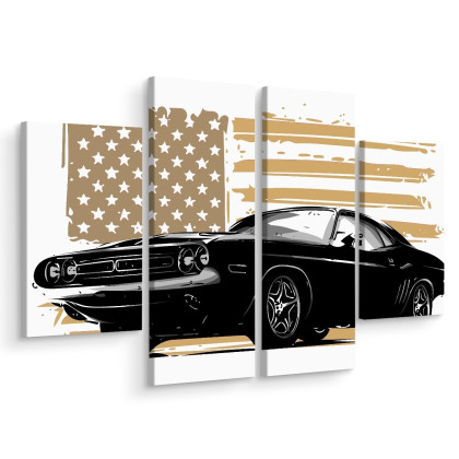 Obraz Wieloczęściowy Amerykański Muscle Car Z Flagą Usa W Tle